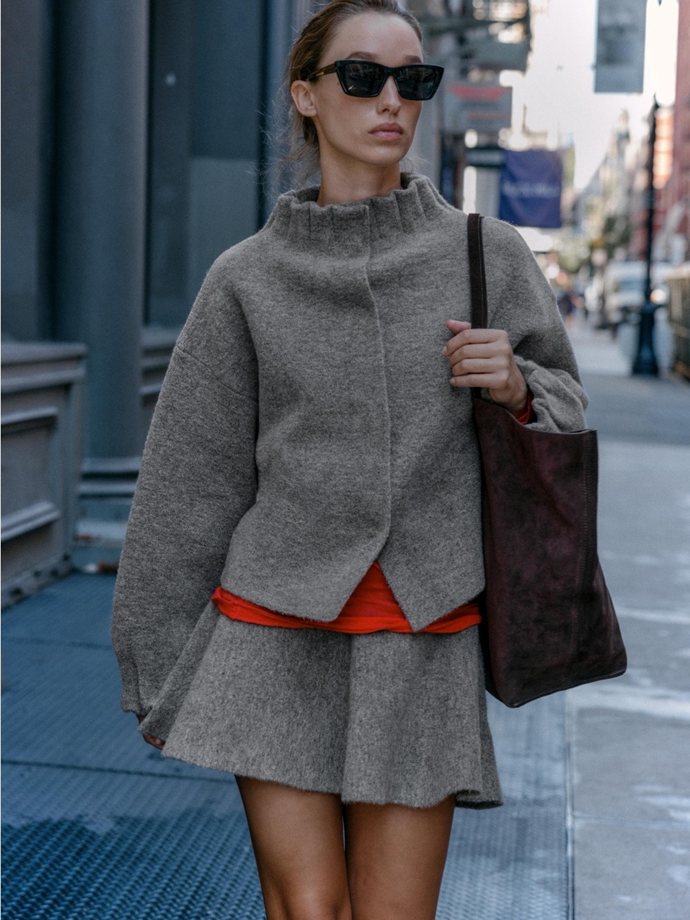 Zara Grey Funnel-Neck Wool-Blend Jacket with Red Accent